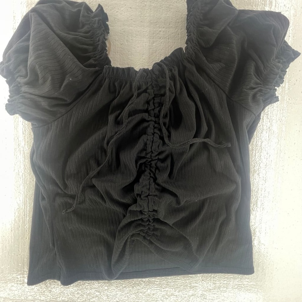 Baby doll women's black scrunched babydoll top with puff bow sleeves 2XL‎